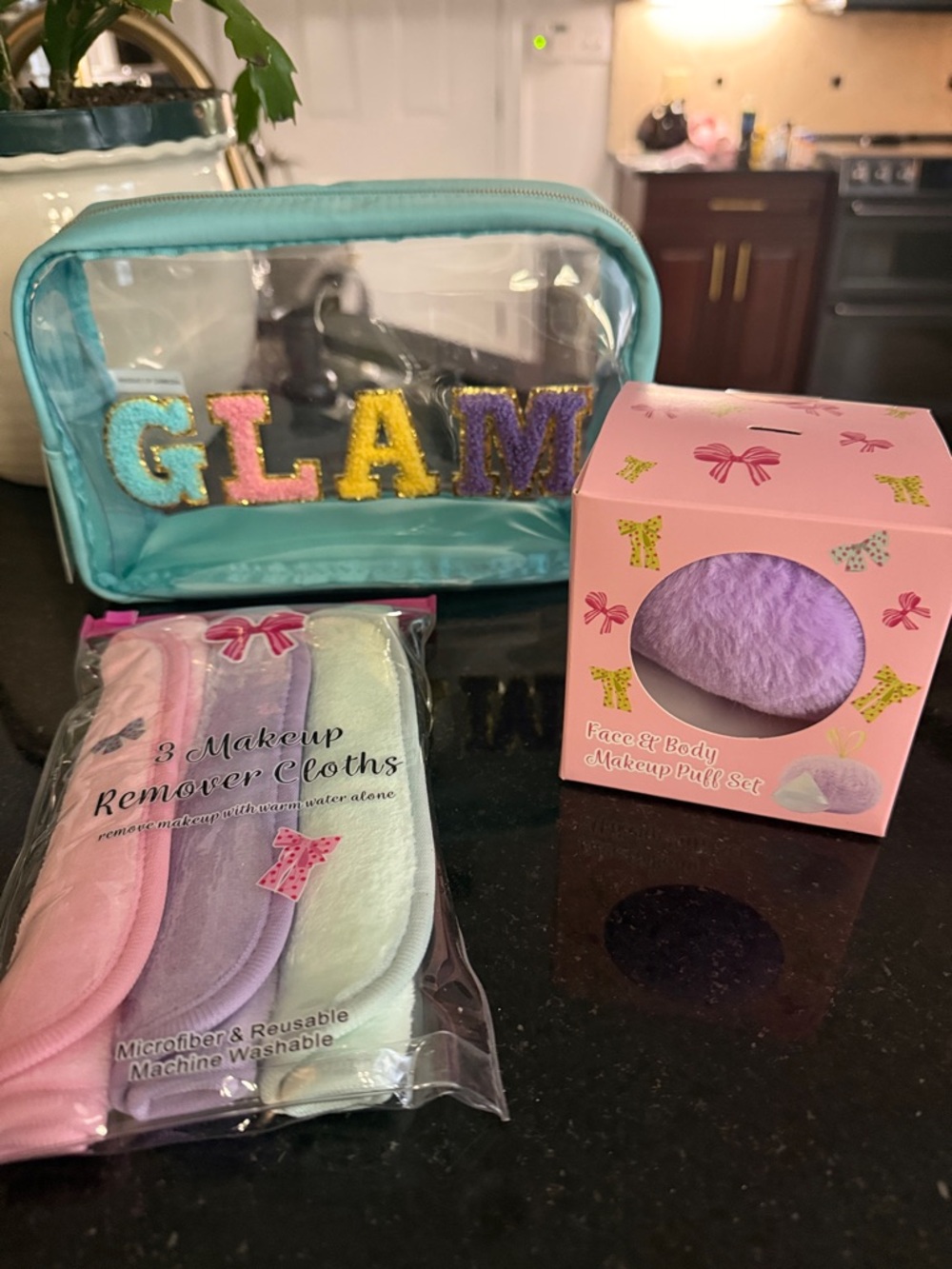 Turquoise Clear Makeup Bag with 'GLAM' Lettering